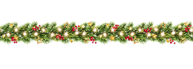 Border with green fir branches, gold stars, red berries, lights isolated on white background. Pine, xmas evergreen plants seamless banner. Vector Christmas tree garland decoration © Kindlena