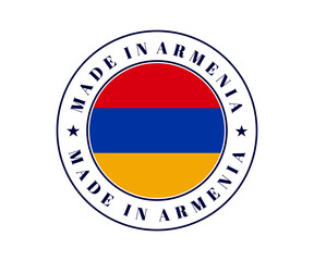 Made in Armenia circle label. Armenia flag, Armenian emblem for product, Armenian flag label on white background. 