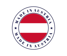 Made in Austria circle label. Austria flag, Austrian emblem for product, Austrian flag label on white background. 