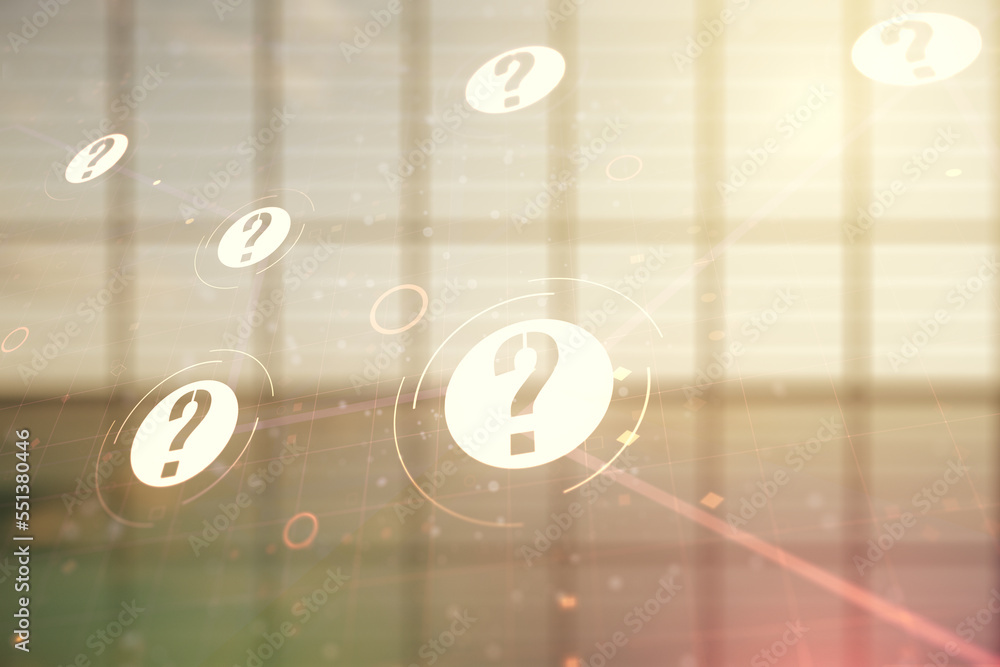 Aufkleber double exposure of abstract virtual question mark hologram on empty modern office background. sociol