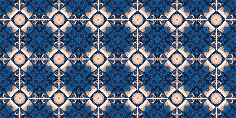 Fototapeta premium Blue white watercolor azulejo tile border background. Seamless coastal blur bleed geometrical floral mosaic effect banner. Ornamental arabesque summer fashion repeat edge trim.