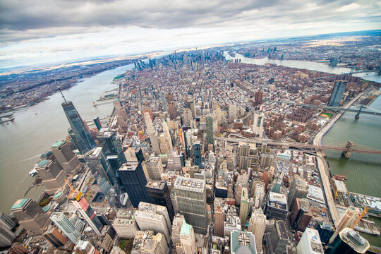 Downtown Manhattan aerial skyline from helicopter in winter season, New York City - USA
