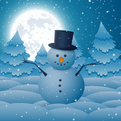 Cute snowman. Merry Christmas and Happy New Year greeting card. Vector background