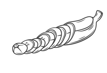 Banana cut into slices line icon vector illustration. Hand drawn outline one tropical fruit with peel cutting into round pieces for cooking organic breakfast food, dessert or sweet vegetarian snack