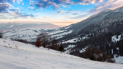 Fototapeta na wymiar carpathian rural landscape in winter. beautiful sunrise in mountains. snow covered hills. scenery with krasna ridge in the distance. synevir village in the valley