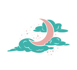 Crescent moon and clouds at night, cutout glyph set vector illustration. Silhouettes of romantic stars and moonlight in galaxy, cute scene with fantasy moon and constellations. Time to sleep concept