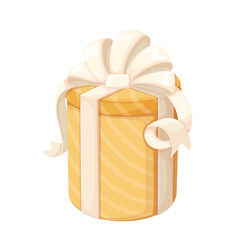 Round gift box vector illustration. Cartoon isolated cylinder paper package with yellow cover and spiral pattern, carton container for gift with circular lid and elegant white bow from ribbons