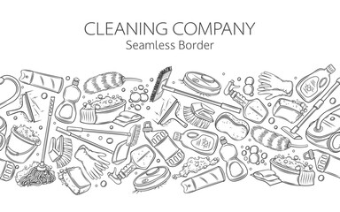 Cleaning company seamless border pattern vector illustration. Hand drawn texture of housekeeping service, domestic supplies and equipment to clean floor of house and office, cleaning detergent