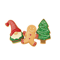 Christmas Gingerbread set vector illustration. Cartoon isolated Xmas cookies in shape of funny man, gnome with beard and red hat and Christmas tree, ginger sweet treat with icing and glaze decoration