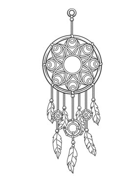 recommend clip art: Dream catcher line icon vector illustration. Hand drawn outline tribal dreamcatcher with lace ethnic pattern and native magic ornament on hanging feathers, vintage boho amulet for good dreams