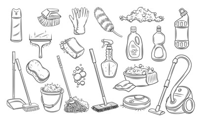 Cleaning kit outline icons set vector illustration. Line hand drawn equipment, cleaning inventory and tools to clean wash and disinfect house, bucket and mop, spray bottle with detergent cleaner - obrazy, fototapety, plakaty