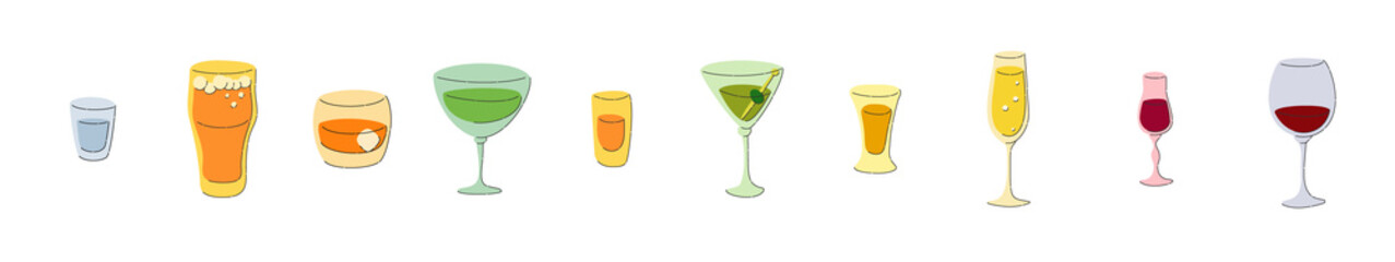 Vodka beer whiskey vermouth rum martini tequila champagne liquor red wine glass on white background. Cartoon sketch graphic design. Flat style. Colored hand drawn image. Party drink concept