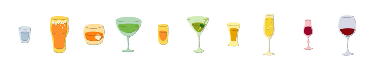 Vodka beer whiskey vermouth rum martini tequila champagne liquor red wine glass on white background. Cartoon sketch graphic design. Flat style. Colored hand drawn image. Party drink concept