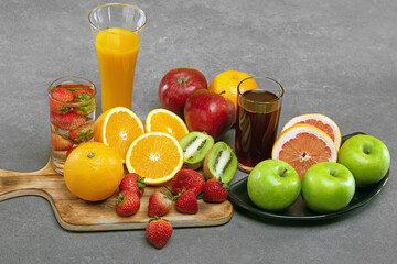 fruits and juice on non isolated background 