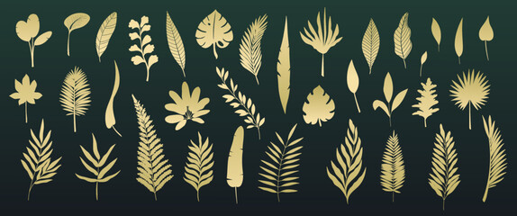 Gold tropical leaf, cutout glyph icons set vector illustration. Golden silhouettes of palm tree, exotic leaves on branches, plants and frond with gold glitter, abstract decoration of jungle paradise - obrazy, fototapety, plakaty