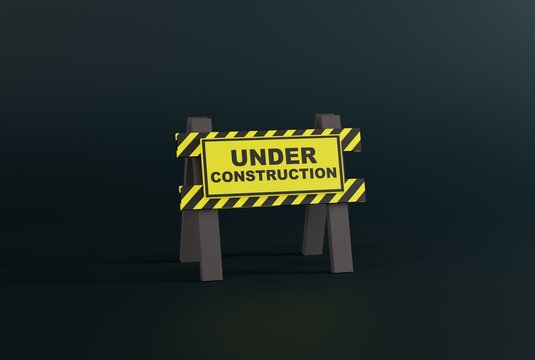 Warning road barrier and tapes with the inscription Under Construction. The concept of renovation, preparing something, building. Warning against road and construction works. 3D illustration.