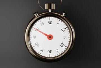 Stopwatch isolated on dark background. The concept of time passing, doing something on time. Countdown to the end of the challenge. Classic stopwatch with pointers. 3D render, 3D illustration.