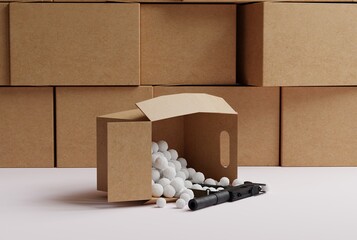 Cardboard boxes in the warehouse and one cardboard box that drops a submachine gun. The concept of delivering dangerous items, sending weapons by courier parcels. 3D render, 3D illustration.