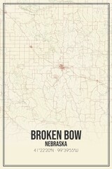 Retro US city map of Broken Bow, Nebraska. Vintage street map.