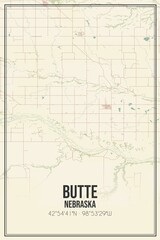 Retro US city map of Butte, Nebraska. Vintage street map.