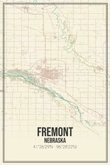 Retro US city map of Fremont, Nebraska. Vintage street map.