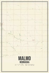 Retro US city map of Malmo, Nebraska. Vintage street map.