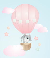 Cute bunny. Funny illustration of a rabbit in air balloon. Baby Hare