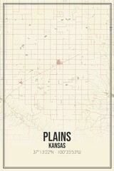 Retro US city map of Plains, Kansas. Vintage street map.