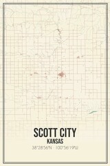 Retro US city map of Scott City, Kansas. Vintage street map.