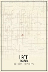 Retro US city map of Leoti, Kansas. Vintage street map.