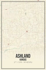 Retro US city map of Ashland, Kansas. Vintage street map.