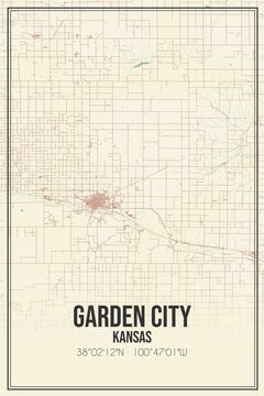 Retro US City Map Of Garden City, Kansas. Vintage Street Map.