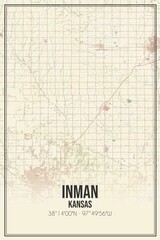 Retro US city map of Inman, Kansas. Vintage street map.