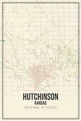 Retro US city map of Hutchinson, Kansas. Vintage street map.