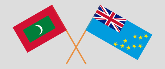 Crossed flags of Maldives and Tuvalu. Official colors. Correct proportion