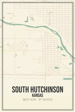 Retro US City Map Of South Hutchinson, Kansas. Vintage Street Map.