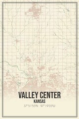 Retro US city map of Valley Center, Kansas. Vintage street map.