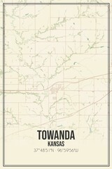 Retro US city map of Towanda, Kansas. Vintage street map.