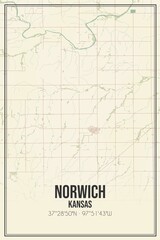Retro US city map of Norwich, Kansas. Vintage street map.