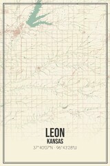 Retro US city map of Leon, Kansas. Vintage street map.