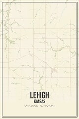 Retro US city map of Lehigh, Kansas. Vintage street map.