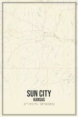 Retro US city map of Sun City, Kansas. Vintage street map.