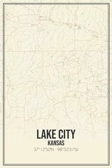 Retro US city map of Lake City, Kansas. Vintage street map.