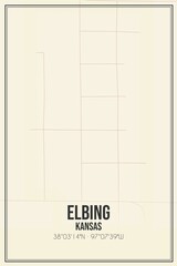 Retro US city map of Elbing, Kansas. Vintage street map.