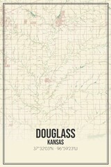 Retro US city map of Douglass, Kansas. Vintage street map.