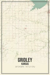 Retro US city map of Gridley, Kansas. Vintage street map.