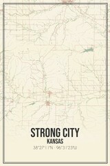 Retro US city map of Strong City, Kansas. Vintage street map.