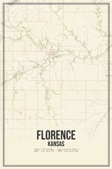 Retro US city map of Florence, Kansas. Vintage street map.