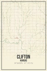 Retro US city map of Clifton, Kansas. Vintage street map.