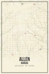 Retro US city map of Allen, Kansas. Vintage street map.
